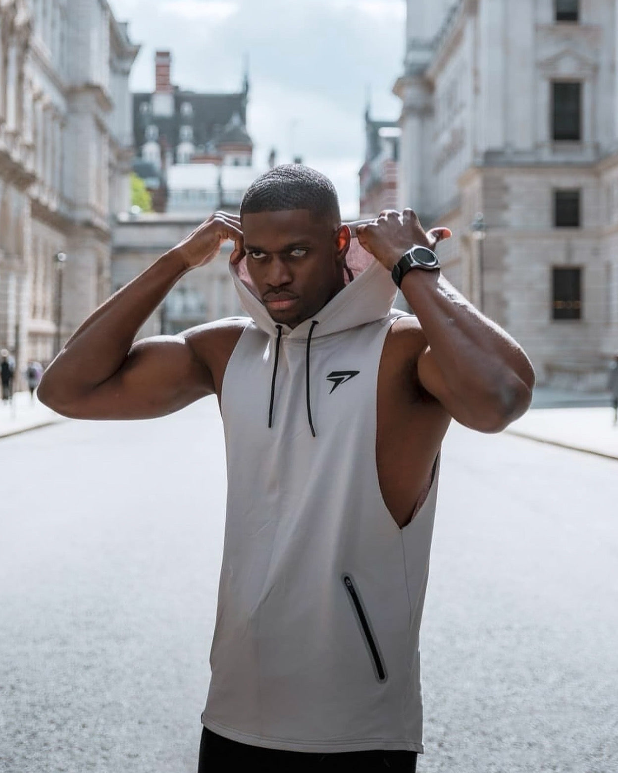 Physiq apparel grey sleeveless hoodie kangaroo pocket men Activemen clothing