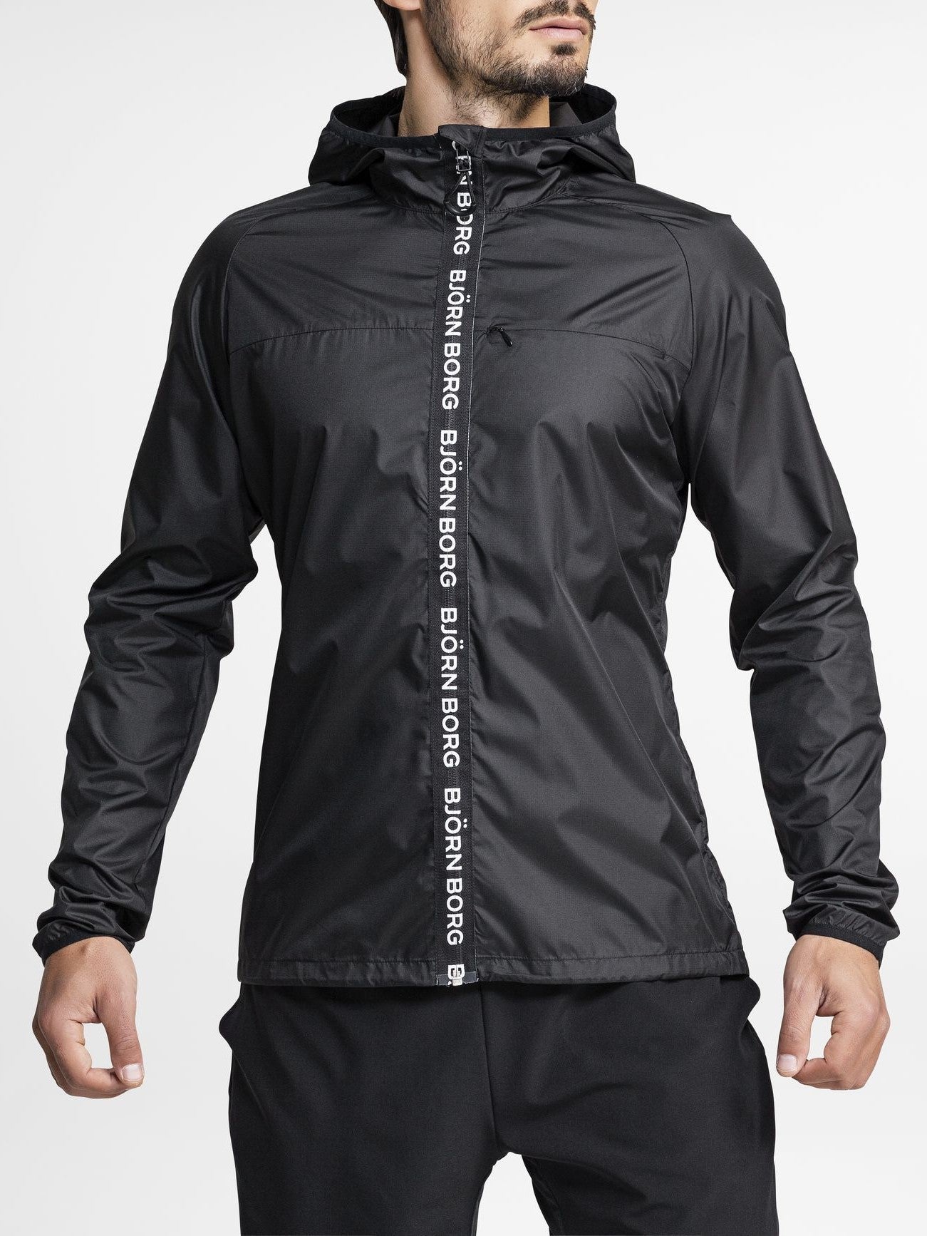BJORN BORG Aimo Hooded Windcheater Jacket Men Performance Zipped Long Sleeve Top Black - Activemen Clothing