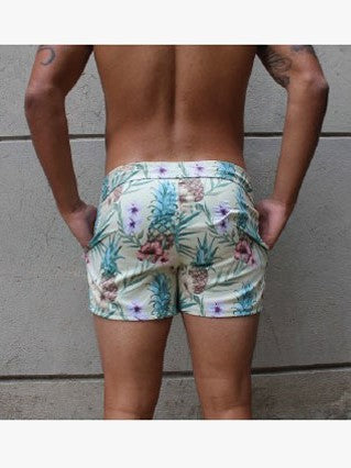 RHUX MULEE Swim Shorts Men's Pineapple Pattern Trunks Swimwear Cream and Green - Activemen Clothing