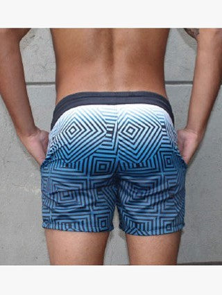 RHUX NAKKA Swim Shorts Swimwear Square Geometric Pattern Trunks Men Blue White - Activemen Clothing