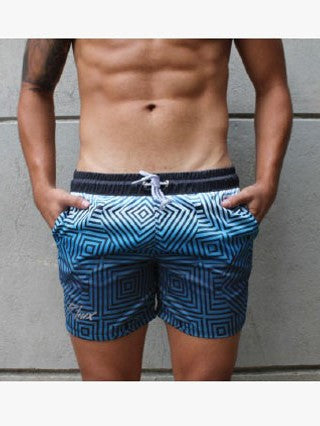 RHUX NAKKA Swim Shorts Swimwear Square Geometric Pattern Trunks Men Blue White - Activemen Clothing